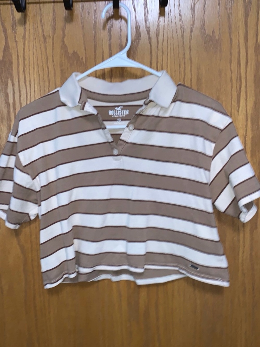 Hollister Cropped Polo Top - Cream and Tan Stripes